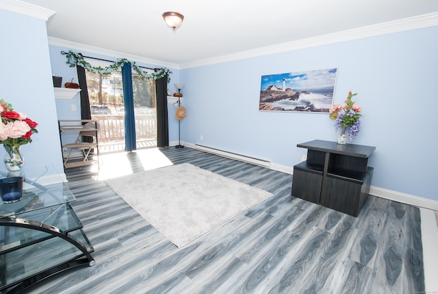 interior space with crown molding, dark hardwood / wood-style floors, and baseboard heating