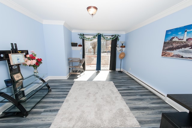 sitting room featuring dark wood-type flooring, a baseboard radiator, and ornamental molding