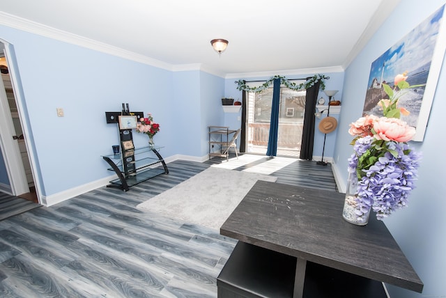 interior space with crown molding and dark wood-type flooring