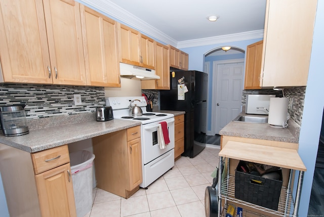 kitchen featuring light brown cabinetry, tasteful backsplash, light tile patterned floors, white range with electric cooktop, and crown molding