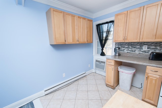 kitchen featuring a baseboard radiator, light tile patterned floors, a wall mounted AC, and light brown cabinetry