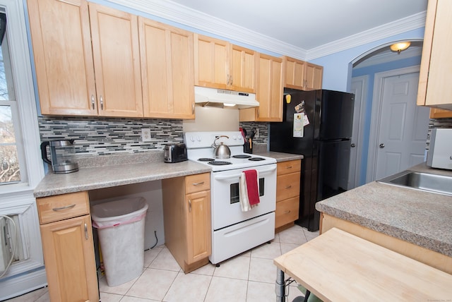 kitchen featuring light tile patterned flooring, black refrigerator, light brown cabinetry, white electric stove, and crown molding