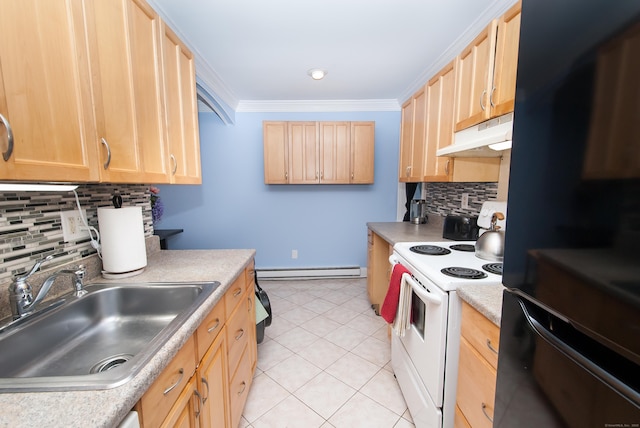 kitchen with sink, crown molding, light brown cabinets, electric range, and a baseboard heating unit