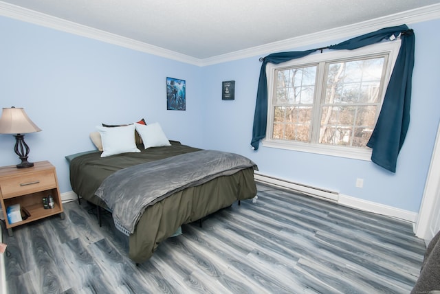 bedroom featuring a baseboard heating unit, crown molding, and dark hardwood / wood-style floors