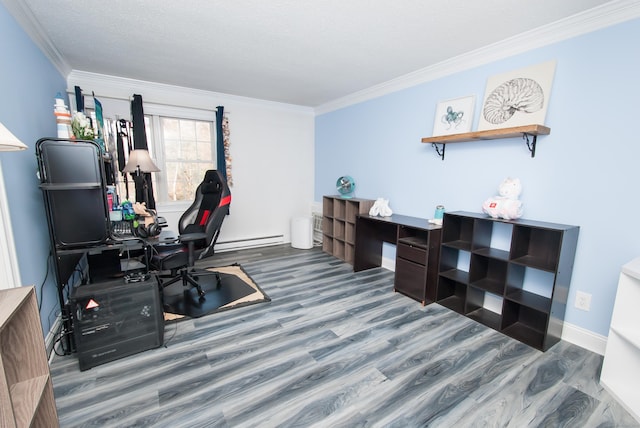 office area featuring a baseboard heating unit, crown molding, and hardwood / wood-style flooring