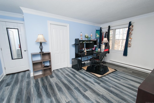 office featuring a baseboard heating unit, crown molding, dark wood-type flooring, and a textured ceiling