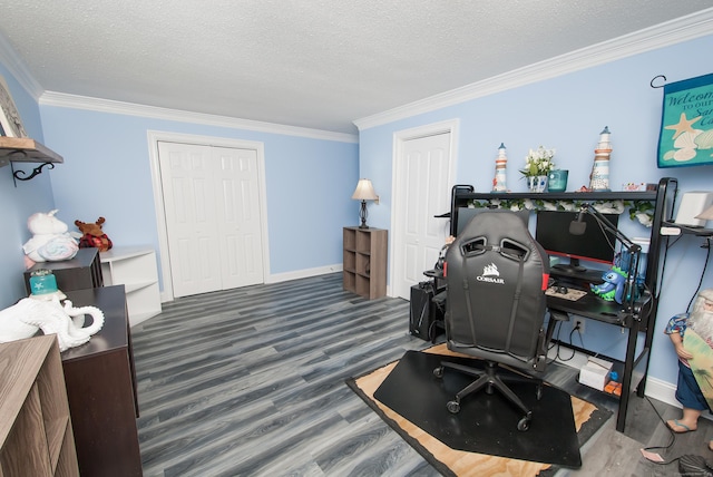 home office with crown molding, dark wood-type flooring, and a textured ceiling