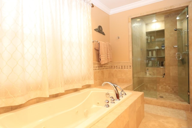 bathroom with crown molding, separate shower and tub, and tile patterned floors