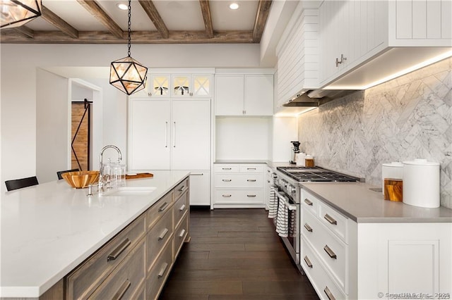 kitchen with stainless steel range, a barn door, and white cabinets