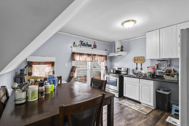 kitchen with white cabinetry, stainless steel electric range oven, vaulted ceiling, and dark hardwood / wood-style flooring