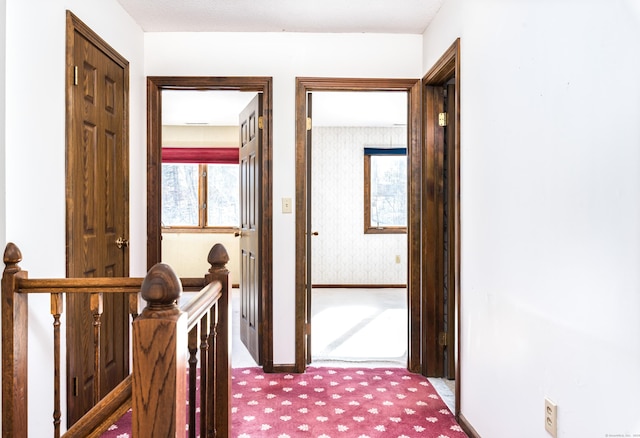 hall featuring light colored carpet