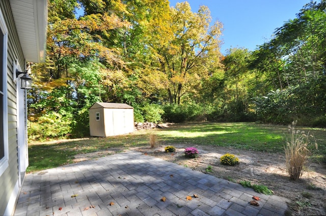 exterior space featuring a patio and a shed