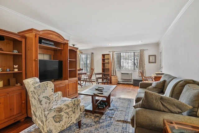 living room featuring ornamental molding and light wood-type flooring