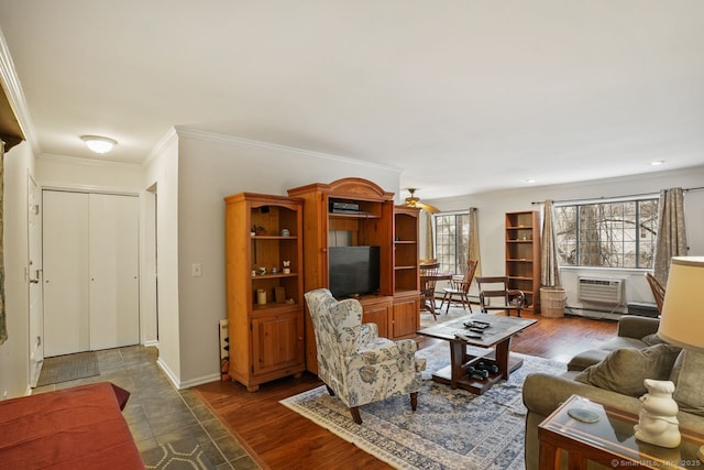 living room featuring dark wood-type flooring, ornamental molding, and cooling unit