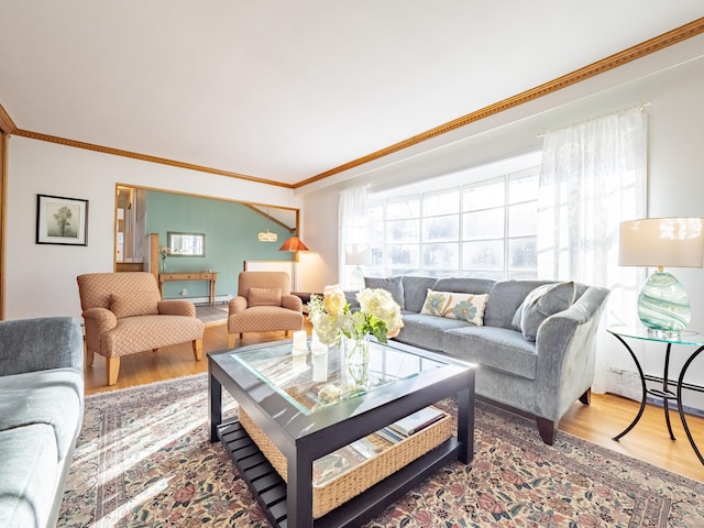 living room with hardwood / wood-style flooring and ornamental molding