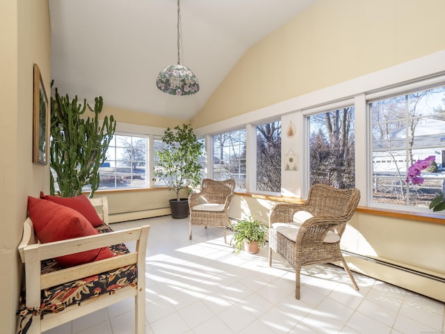 sunroom / solarium featuring a baseboard heating unit and vaulted ceiling