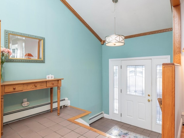 tiled foyer entrance with lofted ceiling, a baseboard heating unit, and crown molding