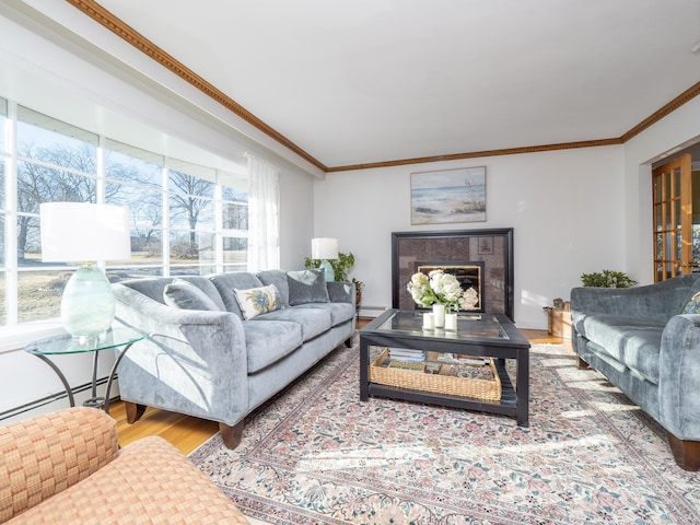 living room featuring crown molding, a baseboard heating unit, a premium fireplace, and hardwood / wood-style flooring