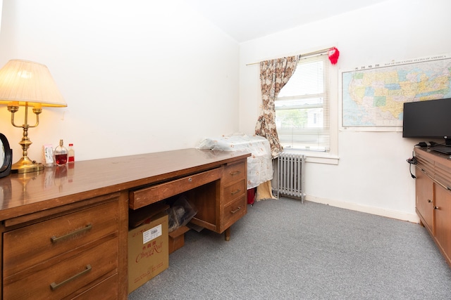 office space featuring radiator and light colored carpet