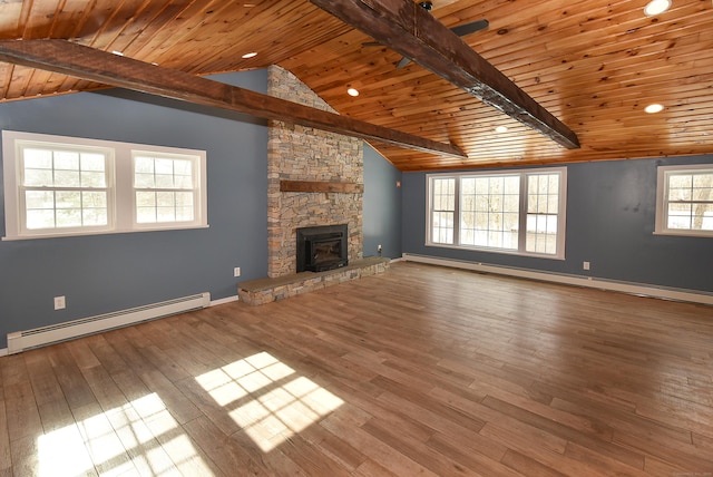 unfurnished living room featuring baseboard heating, wood ceiling, hardwood / wood-style floors, and vaulted ceiling with beams