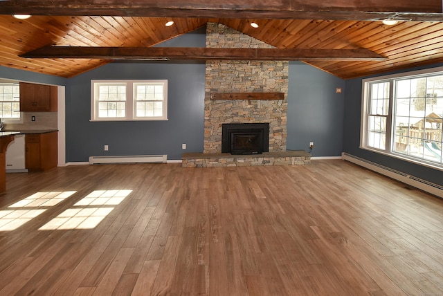 unfurnished living room featuring a baseboard radiator, wooden ceiling, plenty of natural light, and light wood-type flooring