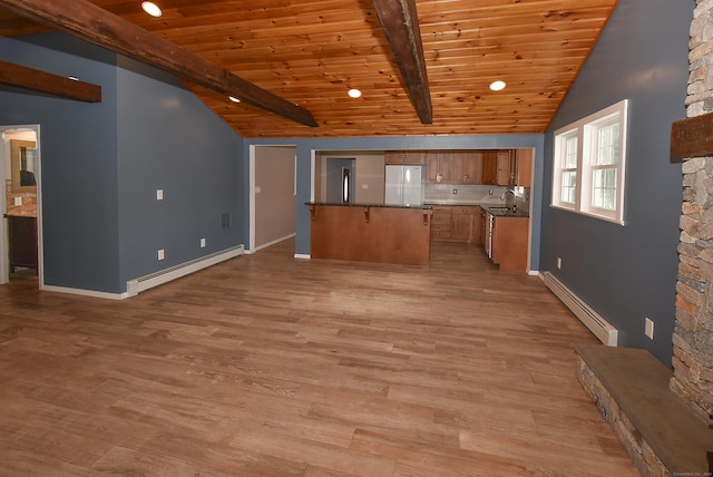 kitchen featuring white refrigerator, a baseboard radiator, wooden ceiling, and lofted ceiling with beams