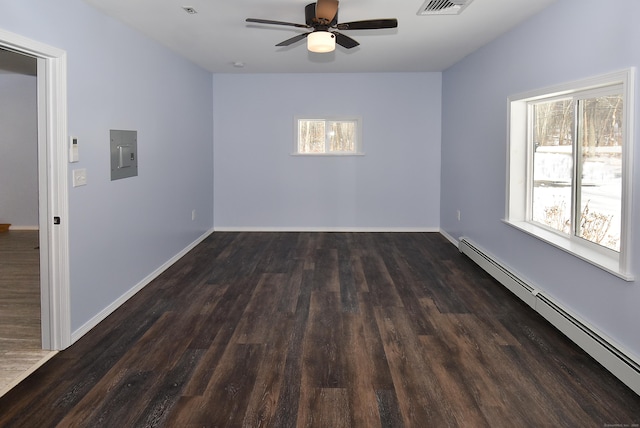 empty room featuring baseboard heating, ceiling fan, dark hardwood / wood-style floors, and electric panel