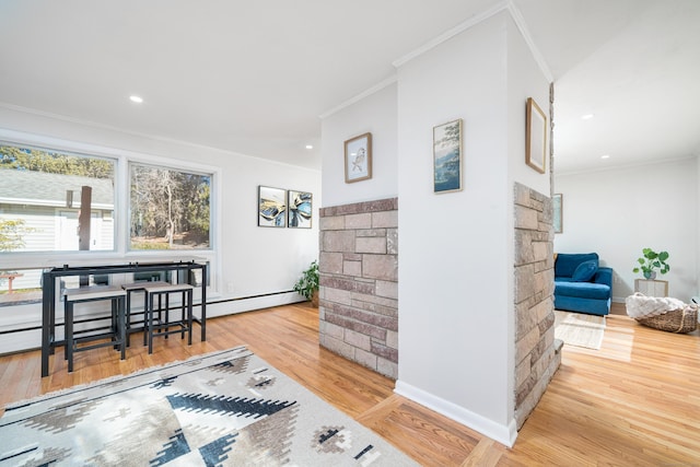 interior space with crown molding and light wood-type flooring