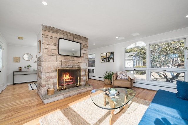 living room featuring hardwood / wood-style flooring, a fireplace, ornamental molding, and baseboard heating