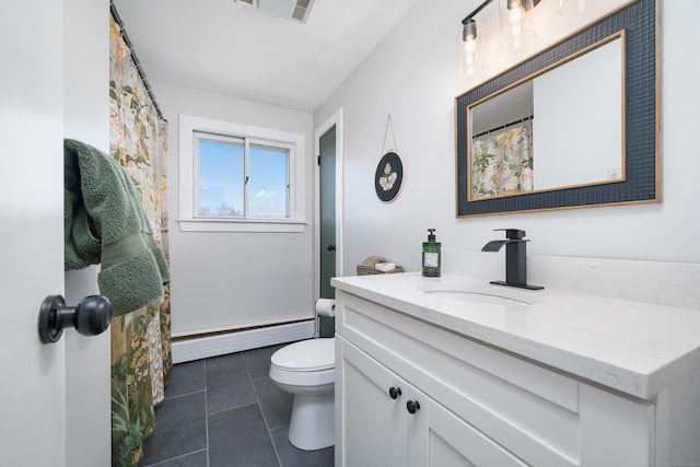 bathroom featuring vanity, a baseboard heating unit, tile patterned flooring, and toilet