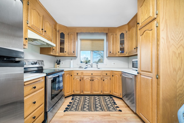 kitchen with stainless steel appliances, sink, and light hardwood / wood-style floors