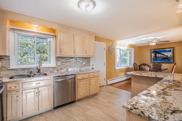 kitchen featuring sink, light stone counters, stainless steel dishwasher, a baseboard heating unit, and backsplash