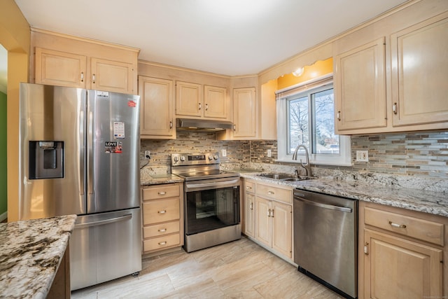 kitchen featuring sink, light stone countertops, and appliances with stainless steel finishes