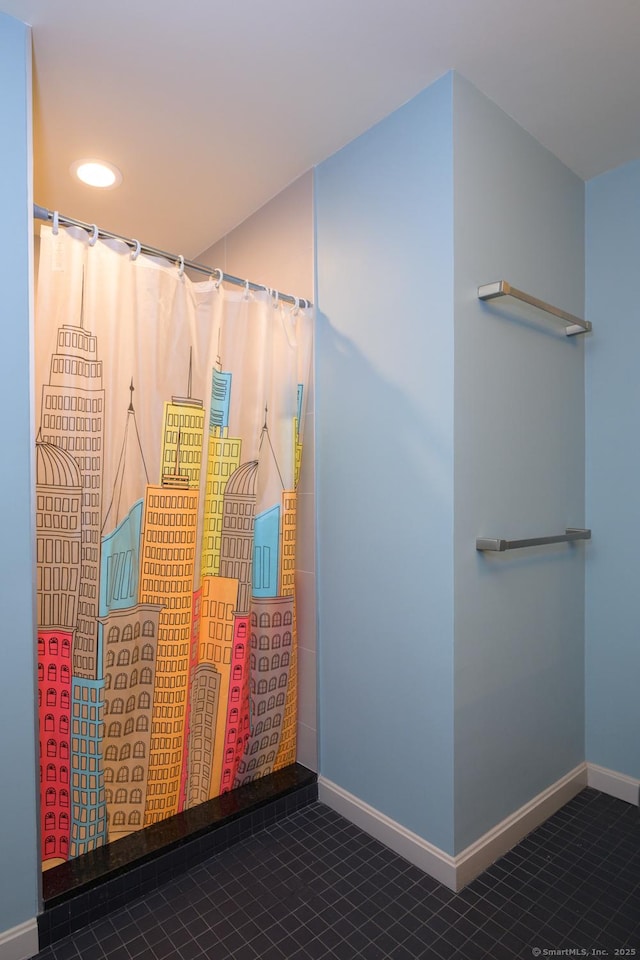 full bathroom featuring tile patterned floors, baseboards, and recessed lighting