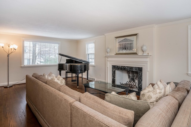 living room featuring crown molding, dark wood-type flooring, and a fireplace