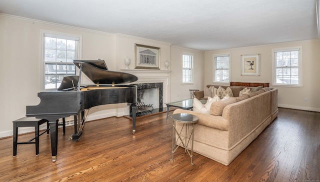 living room with crown molding, wood-type flooring, and a high end fireplace