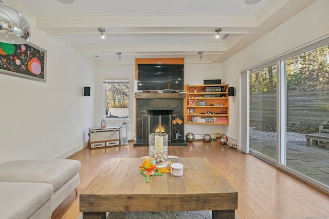 living room featuring hardwood / wood-style flooring, beam ceiling, and crown molding