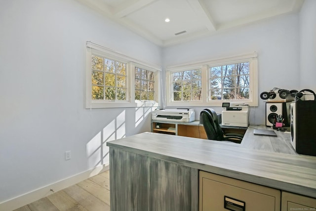 office area with coffered ceiling, beam ceiling, and light wood-type flooring