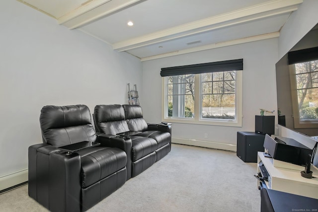 carpeted cinema featuring beamed ceiling and baseboard heating