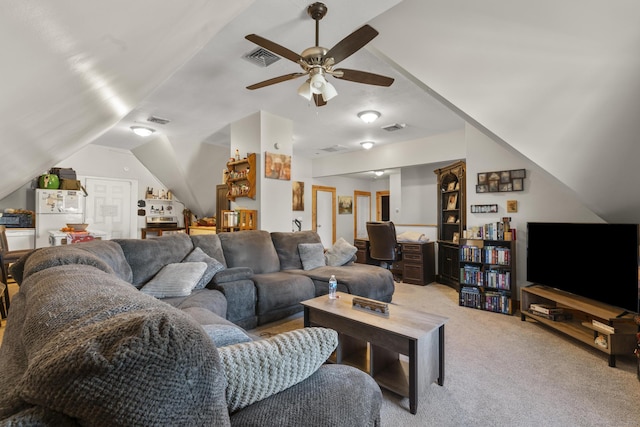 living room with ceiling fan, light colored carpet, and vaulted ceiling