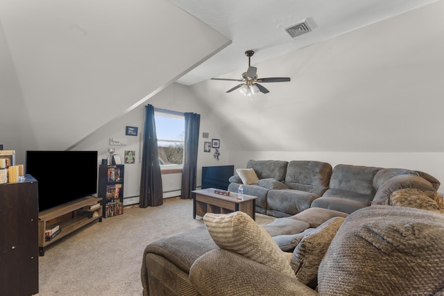 living room featuring light carpet, a baseboard heating unit, lofted ceiling, and ceiling fan