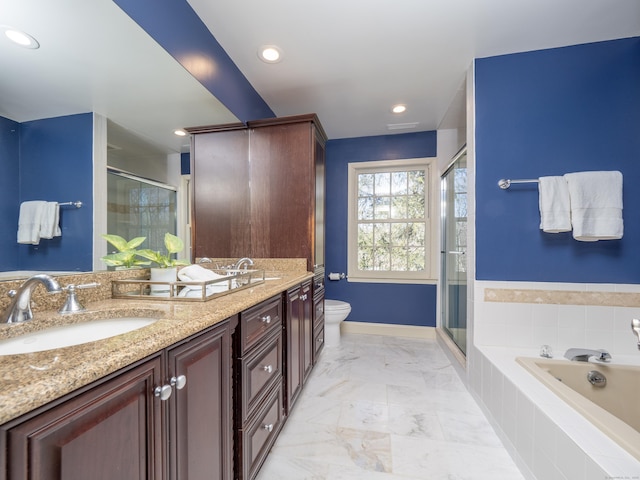 full bathroom with independent shower and bath, vanity, and toilet