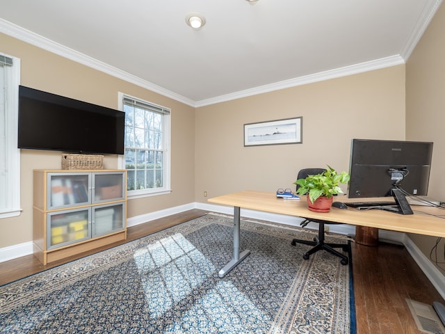 home office featuring crown molding and wood-type flooring