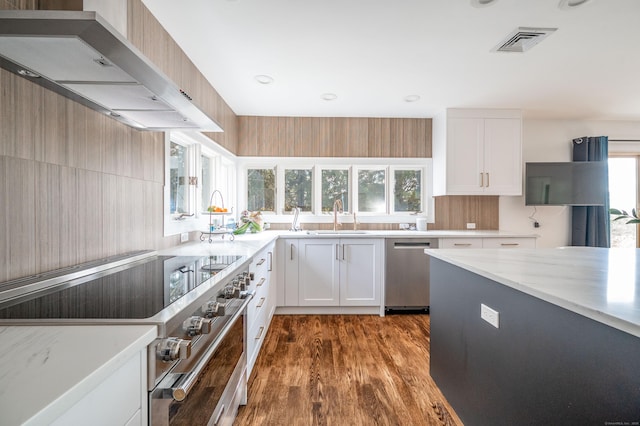 kitchen with stainless steel appliances, white cabinetry, a wealth of natural light, and wall chimney exhaust hood