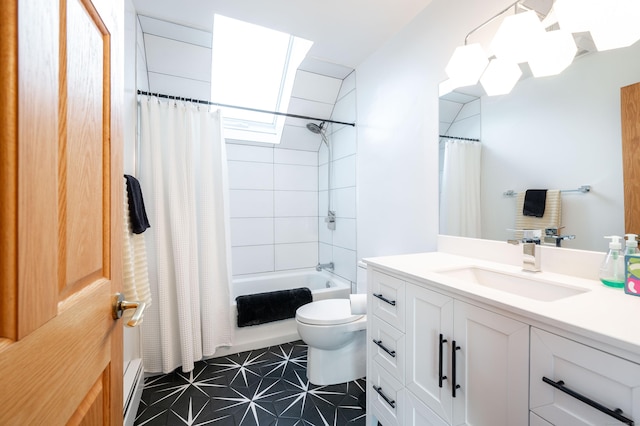 full bathroom with vanity, a baseboard heating unit, shower / bathtub combination with curtain, and toilet