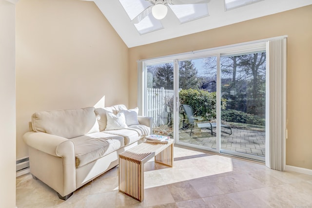 living room with ceiling fan, a baseboard radiator, and vaulted ceiling