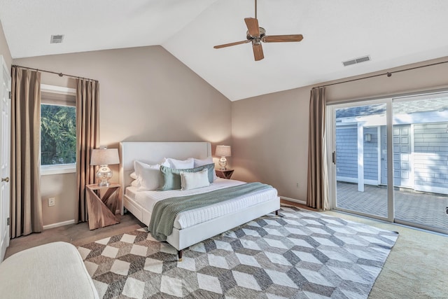 bedroom featuring lofted ceiling, access to outside, light colored carpet, and ceiling fan