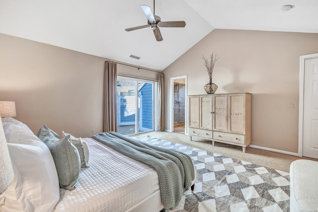 carpeted bedroom with lofted ceiling, access to exterior, and ceiling fan