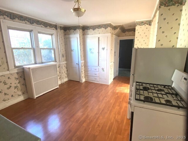 kitchen with radiator heating unit, pendant lighting, hardwood / wood-style floors, and white appliances