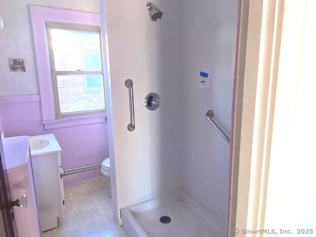 bathroom featuring walk in shower, vanity, and toilet